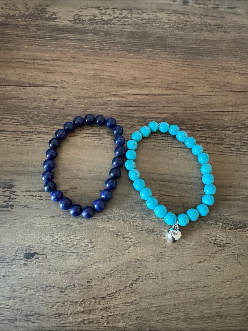 Dark Blue & Turquoise with Silver Heart Beaded Bracelet Set